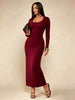 Women's Solid Long Sleeve Bodycon Dress, Chic Basic Minimalist Causual Scoop Neck Long Dress, Womenswear