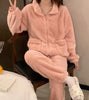 Two Piece Set Women Outfit Autumn Jacquard Textured Stand Collar Long Sleeve Zip Up Fuzzy Teddy Top & Casual Home Pants Set