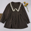 Casual Plaid Print Mini Dress Women Loose Lapel Lace Splice Long Sleeve Dress Party Vacation Clothes Female
