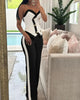 Women Side Striped Work Suit Set Contrast Paneled Skinny V-Neck Double Breasted Chain Strap Cami Top And Straight Leg Pants Set