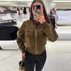 Vintage Faux Suede Jackets Women's Slim Full Sleeves Zipper Stand Collar Cropped Coats Ladies Autumn Solid Streetwear