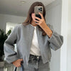 Women's Cropped Loose Jackets Red Grey Off White Black Outerwear Oversized Zip Up Long Sleeve Top Chic Bomber Baseball Coat