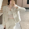 French White Tweed Crop Jacket for Women Autumn Elegant Slimming Decor Button Coat Woman Round Neck Long Sleeve Outerwear