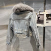 Real Fur Denim Jacket Women Autumn Fried Street Style Natural Fox Fur Collar + Rabbit Fur Liner Warm Rivet Short Jean Coat