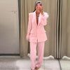 Woman Pink Feather Pant Sets Women's Two Pieces Set Long Sleeve Suit Outfit Office Wear Woman High Waist Trousers Sets
