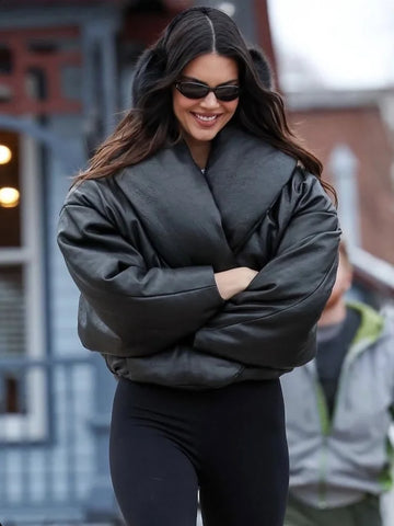 Women Oversized Shawl Collar Leather Cotton Jacket Winter Thick Warm Cropped Coat Open Front Streetwear Black Outerwea