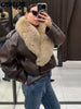 Elegant PU Fur Patchwork Jacket Women Loose Detachable Collar Lapel Double Breasted Jackets Female Winter Warm Outwear