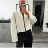Autumn Women Croc Embossed PU Leather Jacket High Neck Zip Up Oversize Loose Cropped Coat Long Sleeve Street Lady Outerwear