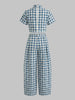 Women's Blue Plaid Two Piece Set Mock Neck Crop Top High Waisted Wide Leg Pants Casual Elegant Outfit