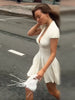Cream White Polka Dot Mini Dress Women Deep V Neck Short Puff Sleeve Pleated Front Buttons Slim Fit Casual Party Dresses