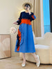 Anmrem Tie Flower Design Women's Pleated Dress O-neck Long Sleeve Colorblock Patchwork Chic Beading Loose Famale Clothes 2DB5753
