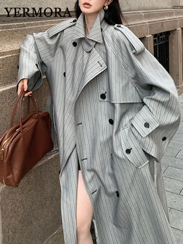 Designer Long Trench Coat Women Lapel Double Breasted Belt Gathered Waist Windbreaker Autumn Winter