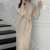 Vintage Turtleneck Buttons Long Sleeve Long Dresses Winter Casual Loose Knitwear Warm Women Knitted Dress Black Apricot