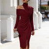 Women's Elegant Off Shoulder High Neck Midi Dress Long Sleeve Ruched Bodycon Package Hip Dress With Slit Formal Party Dress
