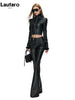 Spring Autumn Long Fitted Soft Black Pu Leather Flare Pants for Women Low Waist Sexy Designer Gyaru Clothes
