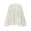 Autumn Women Sequin Kimono Jacket Coat Long Sleeve V Neck Female Casual Loose Outerwear Chic Lady Wrap Outfits