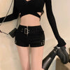 Low-Waisted Black Slim Fit Denim Shorts Women Sexy Girls Rivet Belt Design Unique Y2K Shorts Nightclub Bodycon Pants