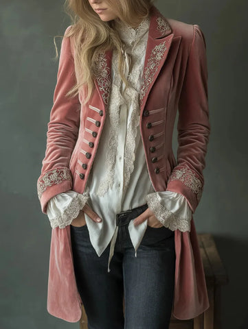 Women's Vintage Gold Velvet Jacket Blazer Spring Autumn Casual Solid Color Patchwork Lace Jacket Elegant Long Sleeve Slim Coat