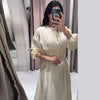 Casual Pleated Women's Dress Solid Long Sleeve O-Neck Waist-Closed Lace-Up Dresses Chic Female Vacation Holiday Robe