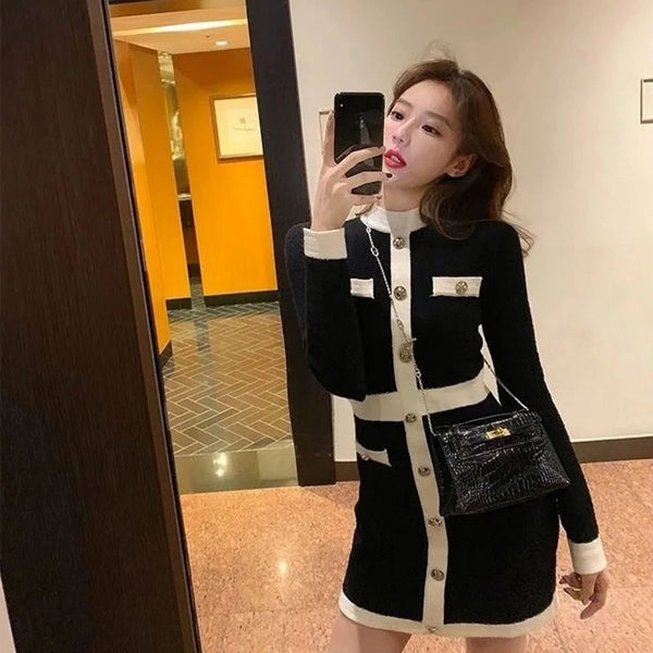 Korean Style Knitted Dress Winter White Black Women Knit Bodycon Dress Elegant Long Sleeve Dress Knitwear For Women