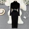Elegant Turtleneck Long Sleeve Knit Soft Tight Pencil Dress with Belt Slim Warm Sweater Vestido Sexy Women Winter Robe