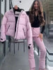 Women Pocket Long Sleeve Zipper Hooded Skiing Cotton-padded Drawstring Jacket+High Waist Casual Winter Pant Set
