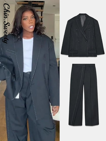 Casual Loose Women's Blazer Pant Suits Lapel Doube-Breasted Top Straight Pants Lady Set Spring 2 Pieces Set Women