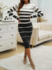 Office Ladies Knitted Dress Elegant Striped Print Slim Long-sleeved Dress Autumn Winter