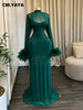 Women Feather Long Sleeve O-neck Ruched Mermaid Long Maxi Dress Street Mesh Sexy Party Cocktail Night Dresses