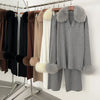 Sweater Real Fox Fur Collar Autumn Winter Clothing Women Sweater Suit Female Raccoon Fur Pullovers Trousers Set Lady