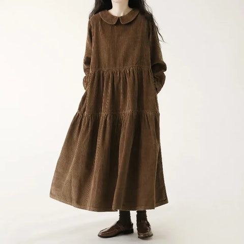 Autumn Winter Corduroy Dress Women Casual Dresses Female Vestidos Long Sleeve Vintage A-line Dress Women's Dresses