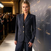 Pinstripe Women's Blazer Coats Back Cut Out Tie Long Sleeve Jackets for Woman Lapel Collar Navy Striped Suit Jacket Office Chic
