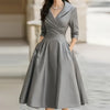 Autumn Long Sleeve Lapel Draped Slim Women Dress Ladies Clothes Solid High Waist Pocket A-Line Prom Dresses Vestido