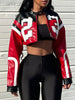 Women's Artificial Leather Jacket PU Leather Short Jacket Digital Printed Streetwear Motorcycle Casual Jacket