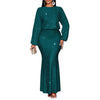 Shiny Women's Dress Spring Autumn O-neck Long Sleeve Slim Hips Banquet Long Dress Female Pleated Party Fishtail Dresses