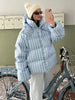 Women Striped Hooded Cotton Jacket Long Sleeve Stand Zipper Buttons Thickening Padded Jackets Winter Casual Coat