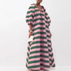 Elegant V-neck Puff Sleeve Long Dress Women's Striped Print Loose Swing Party Dress Casual High Waist Pleated Maxi Dress