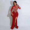 Women Long Sleeve Diamonds Rhinestones High Side Split Mermaid Midi Maxi Dress Even Sexy Party Dresses Vestidos