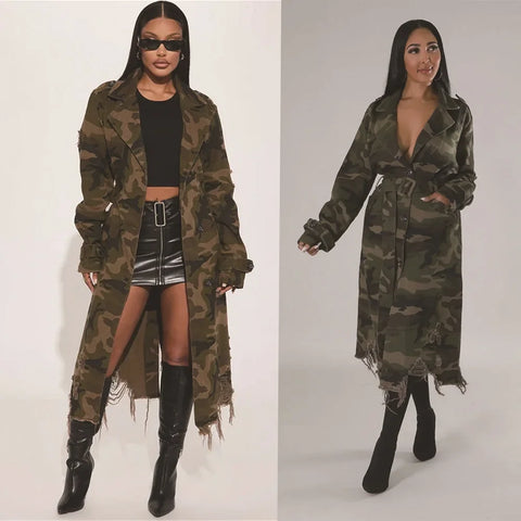 Camouflage Ripped Trench Jacket Long Coats Hole Windbreaker Sashes Single Breasted Women Streetwear Jackets Outerwear