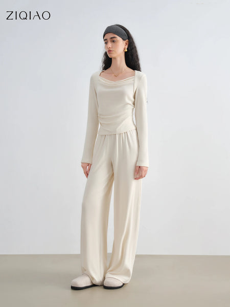 Women's Knit Coordinate Set - Drop Collar Knit Top & Straight Leg Pants Office Casual Two Piece Set Elegance