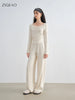 Women's Knit Coordinate Set - Drop Collar Knit Top & Straight Leg Pants Office Casual Two Piece Set Elegance
