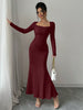 Women's Four Seasons Women's Elegant Temperament Retro Solid Color Square Collar Long Sleeve Dress