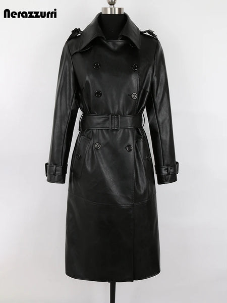 Spring Autumn Long Black Soft Faux Leather Trench Coat for Women Belt Double Breasted Elegant Overcoat 5xl 6xl