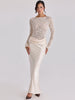 Off Shoulder Lace Satin Maxi Dress Women Elegant Long Sleeve Ruched Bodycon Mermaid Evening Club Party Formal Dress