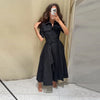Elegant Belt Women Long Black Dress Full Sleeve Pleated Lapel Waist-Closed Female A Line Dresses Spring Lady Robes