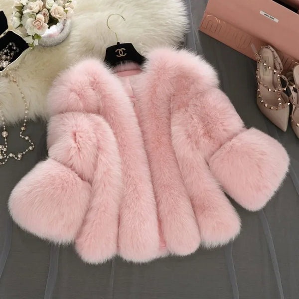 Women Imitation Fur Coat Short Slim Splicing Outwear Thicken Warm Jacket Temperament Casual Out coat Solid Color