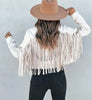 Womens Vintage Lapel Long Sleeve FringeCropped Hippie Motor Biker Cardigan OutwearsFaux Suede Tassel Jacket
