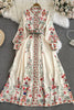 Runway Designer Dresses Women Stand Neck Long Sleeve Floral Print With Belt Boho Holiday Dress Flower Long Robes