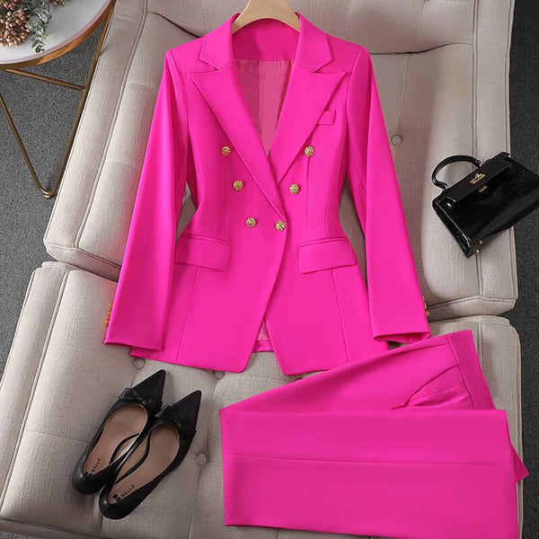 Women Elegant Formal Blazer Sets Double Breasted Lapel Blazer And Straight Slim Pants Evening Party Wedding Blazer Set