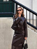Vintage Women Leather Sets Lapel Single Breasted Jacket Slim Fit Mini Skirt Retro Fashin Female Suit Lady Jacket Skirt Sets